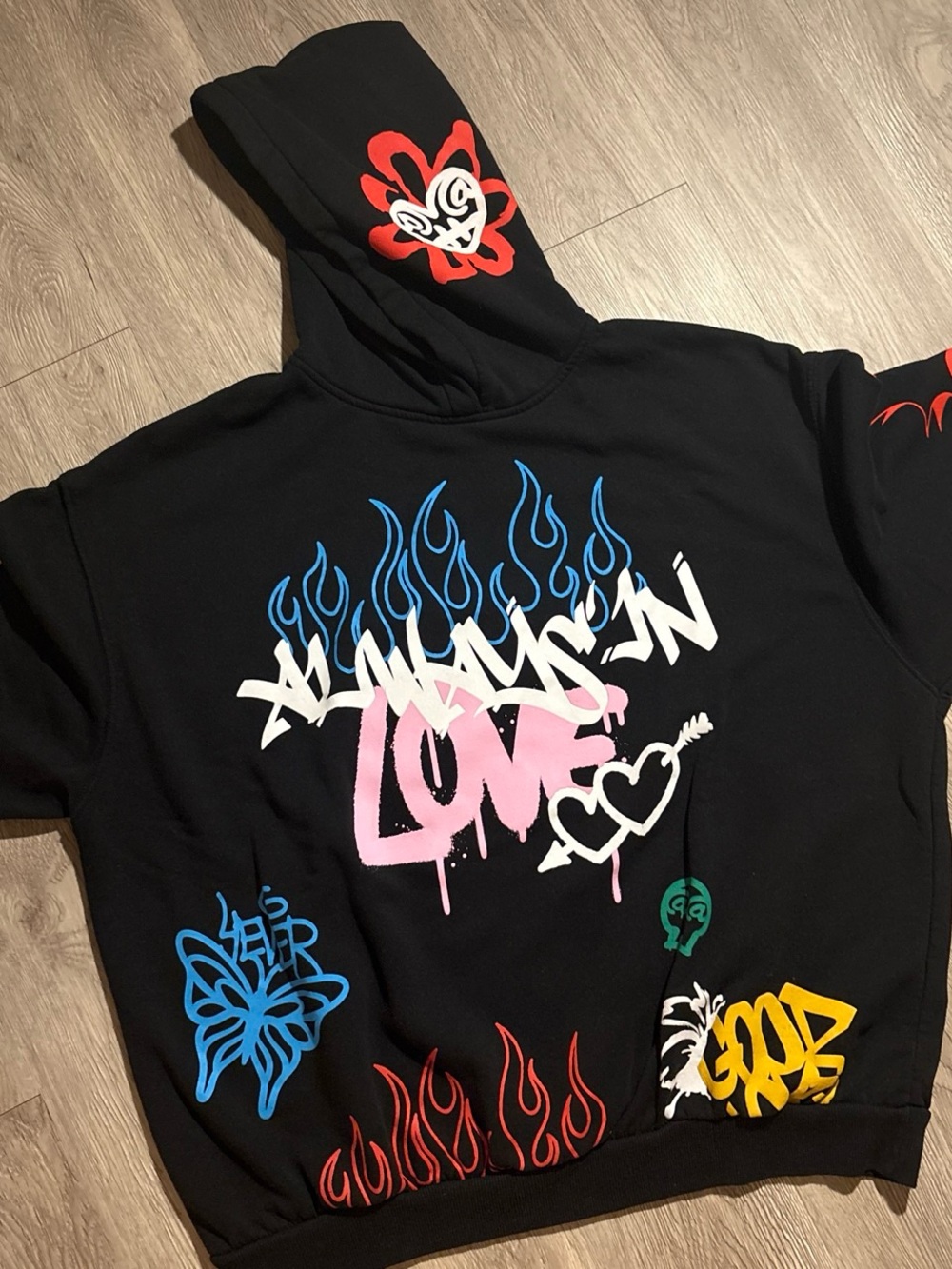 Bershka Black Hoodie with Red Accent and Blue Print - Picture 2 of 4